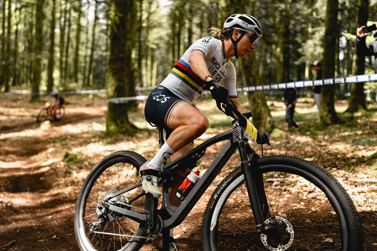Pauline Ferrand-Prevot riding an unreleased Pinarello cross-country mountain bike
