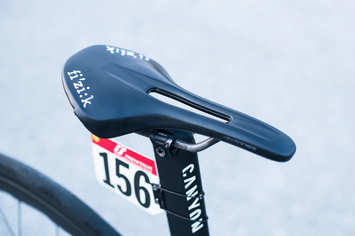 Fizik Vento Antares saddle on Einer Rubio's Movistar Team Canyon Aeroad CFR at the 2023 Giro d'Italia