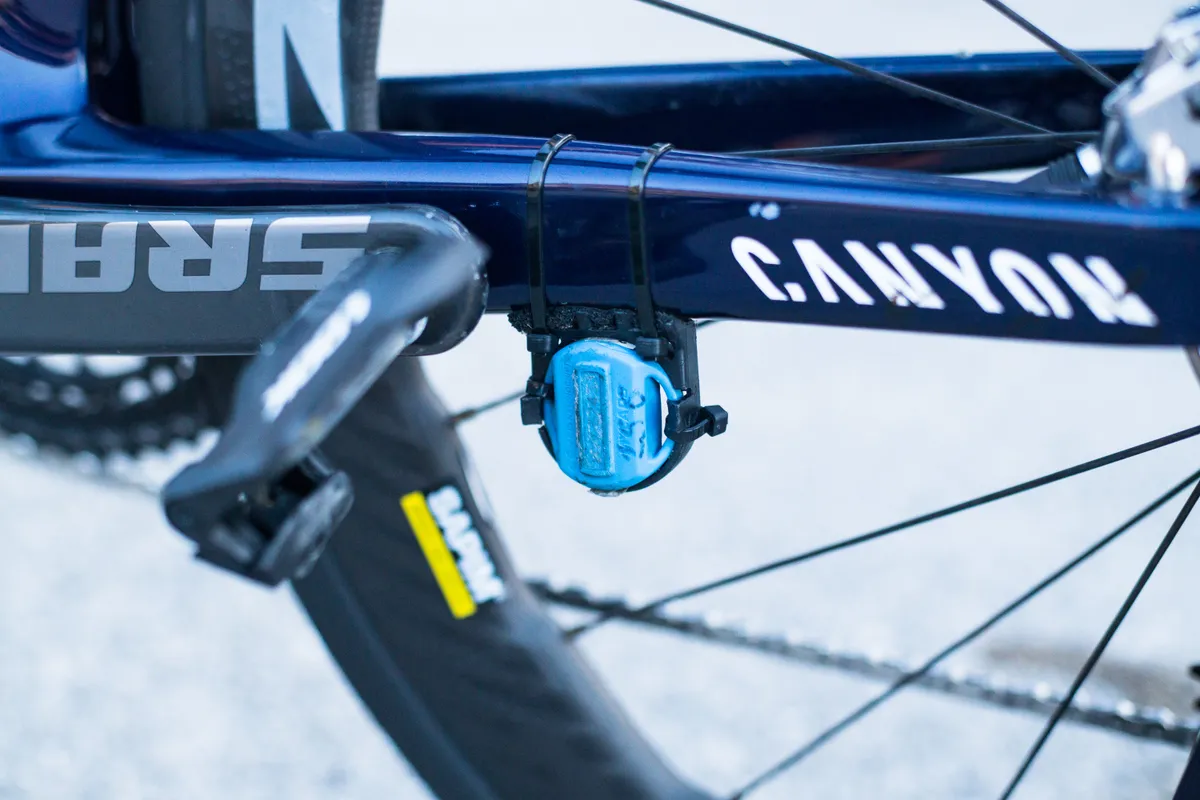 Timing chip on Einer Rubio's Movistar Team Canyon Aeroad CFR at the 2023 Giro d'Italia