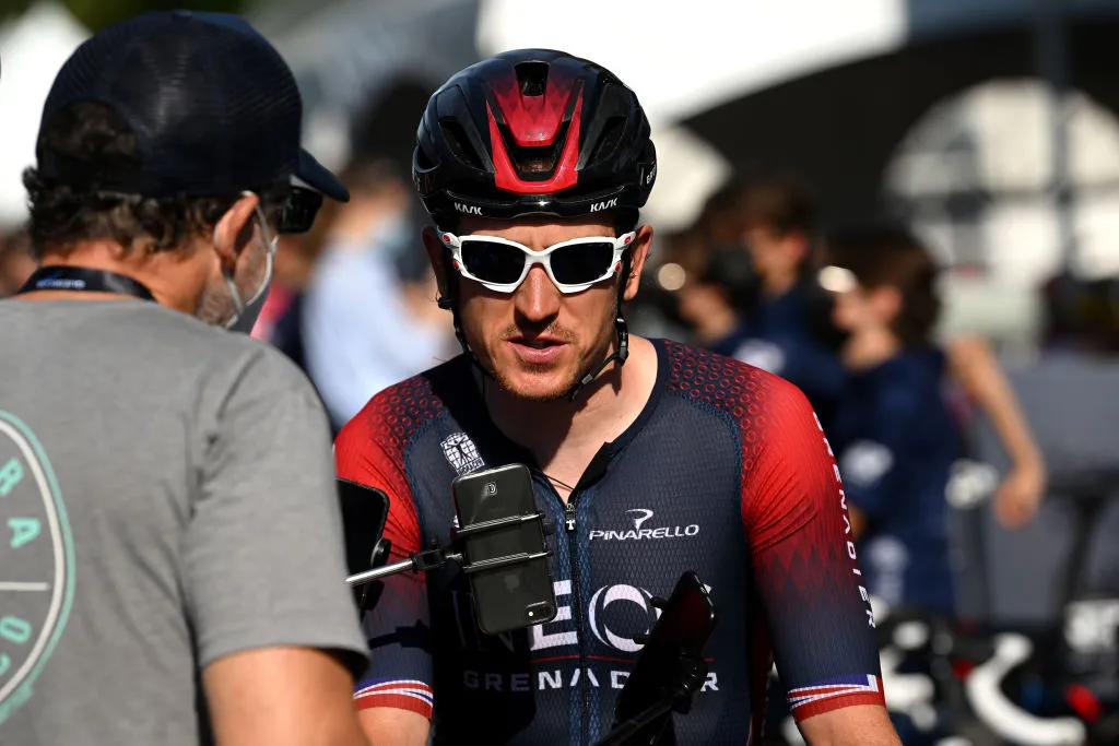 Geraint Thomas wearing Oakley Racing Jacket sunglasses at the 2022 Grand Prix Cycliste de Montreal