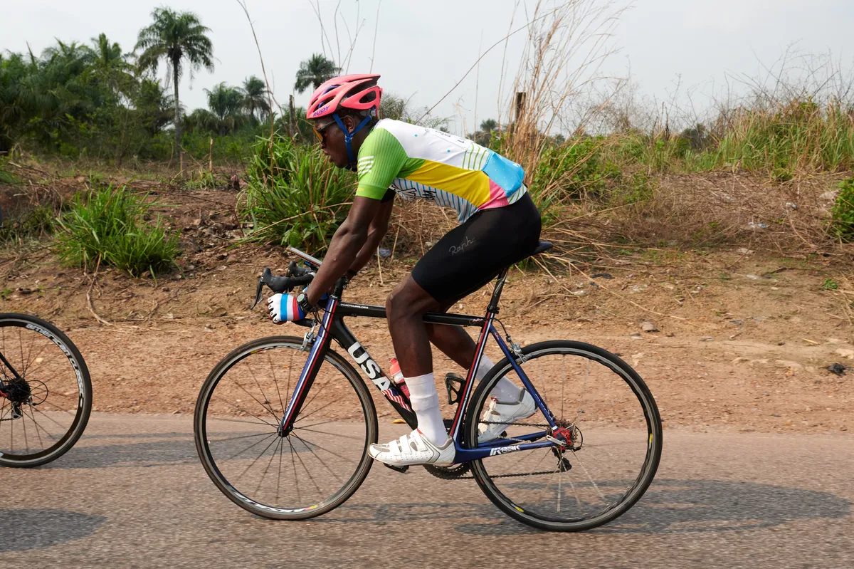 A tech gallery from Tour De Lunsar, Sierra Leone between April 26-30, 2023 Osman Trumpet Kalokoh riding for Lunsar Cycling Team A The Team USA bikes used by the team were purchased using a crowdfunding campaign. The bikes had been by riders in various age groups of the USA national cycling programme. Some had been crashed or damaged. US bike mechanic Jamie Bissell repaired the carbon and the team purchased then. The organisation Africa Rising helped facilitate the purchase. 95% of bikes reach Sierra Leone in shipping containers, donated by people in the USA and UK, to organisations like Working Bikes in Chicago, Village Bicycle Project in. Salt Lake City, Mikes Bikes in California and Re-Cycle in the UK.