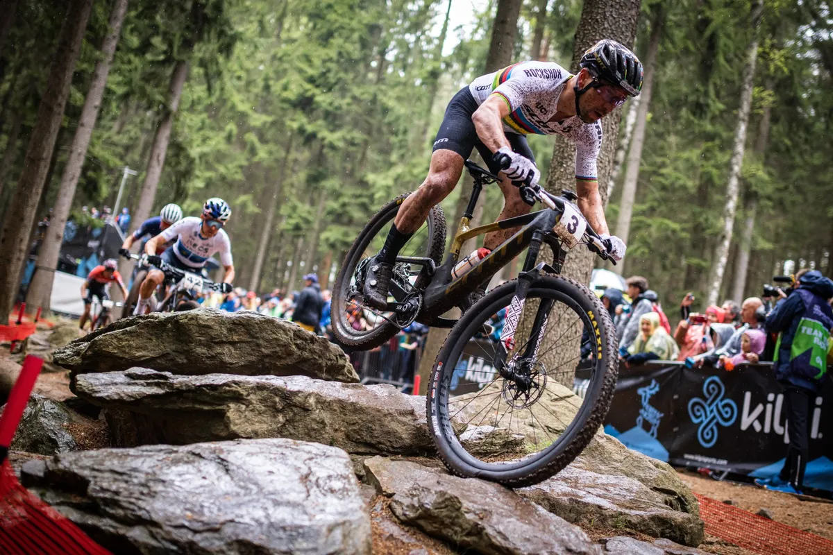 Nino Schurter riding a Scott Spark with 2.4in tyres at the 2023 Nove Mesto World Cup