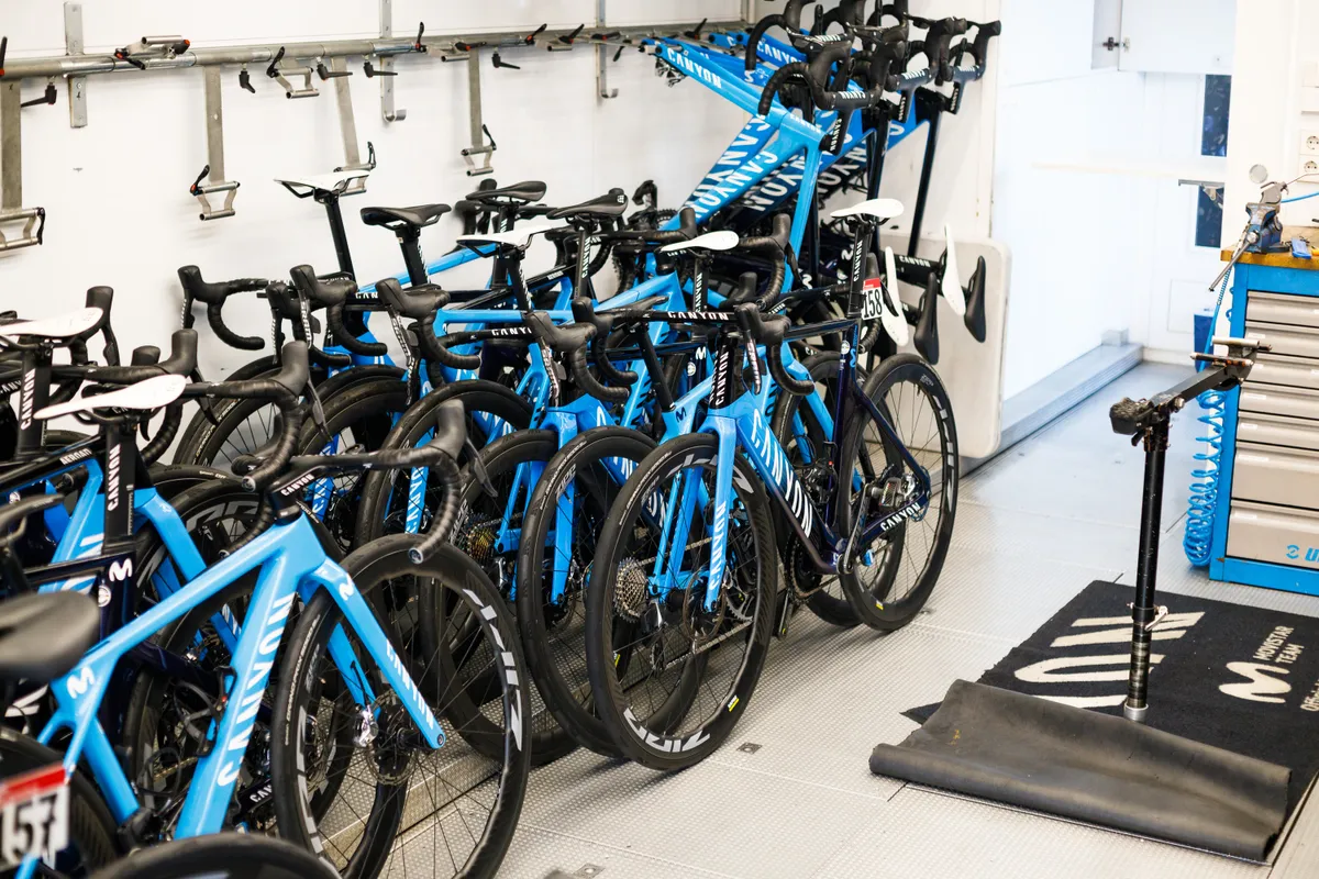 Racks of Canyon bikes in the Movistar Team mechanics truck at the 2023 Giro d'Italia