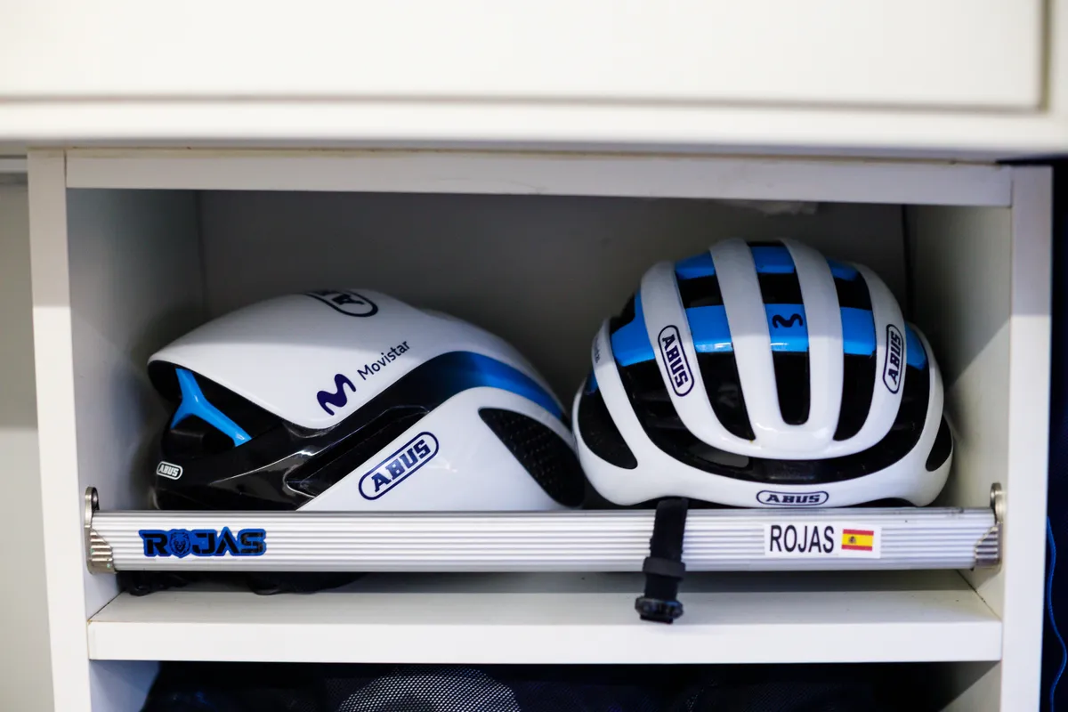 Movistar Team riders get a choice between the ABUS Gamechanger and Airbreaker helmets for road stages