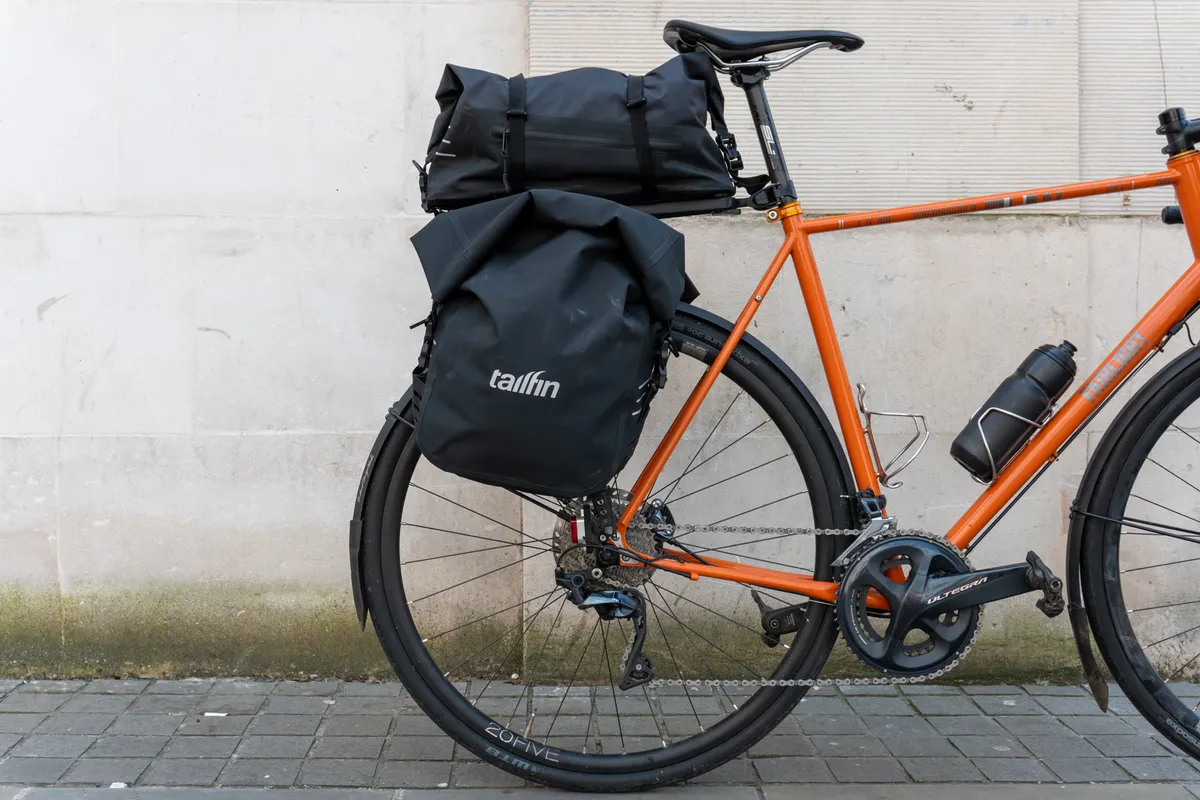 Tailfin Alloy Rack, Ultra-Durable Pannier bag and AP20 Trunk Top Bag on Fairlight Strael steel road bike