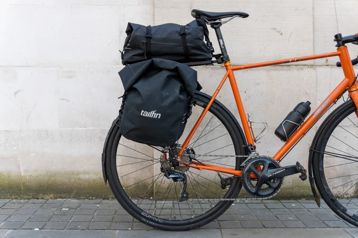 Tailfin Alloy Rack, Ultra-Durable Pannier bag and AP20 Trunk Top Bag on Fairlight Strael steel road bike