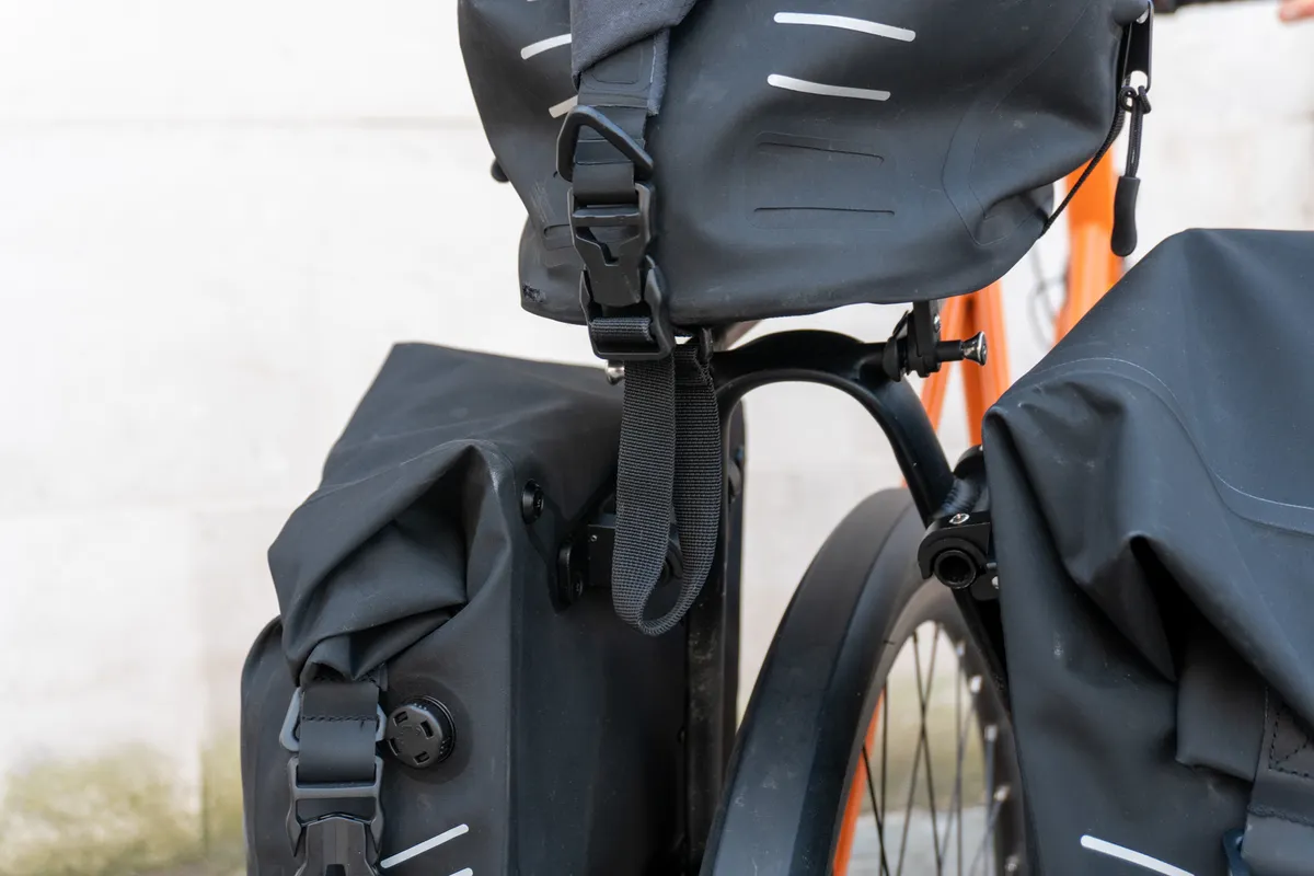 Rear of Tailfin Alloy Rack, Ultra-Durable Pannier Bags and AP20 Trunk Top bag