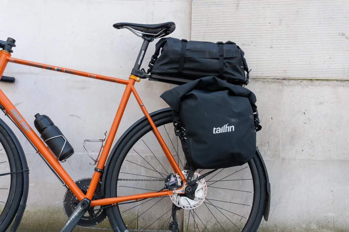 Side view of Tailfin Alloy Rack and Ultra-Durable Pannier Bag