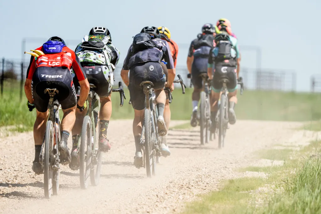 Cycling: Garmin Unbound Gravela Race: Rear view of cyclists in action during race. Emporia, KS 6/5/2021 CREDIT: Nils Nilsen (Photo by Nils Nilsen/Sports Illustrated via Getty Images) (Set Number: X163645 TK1)