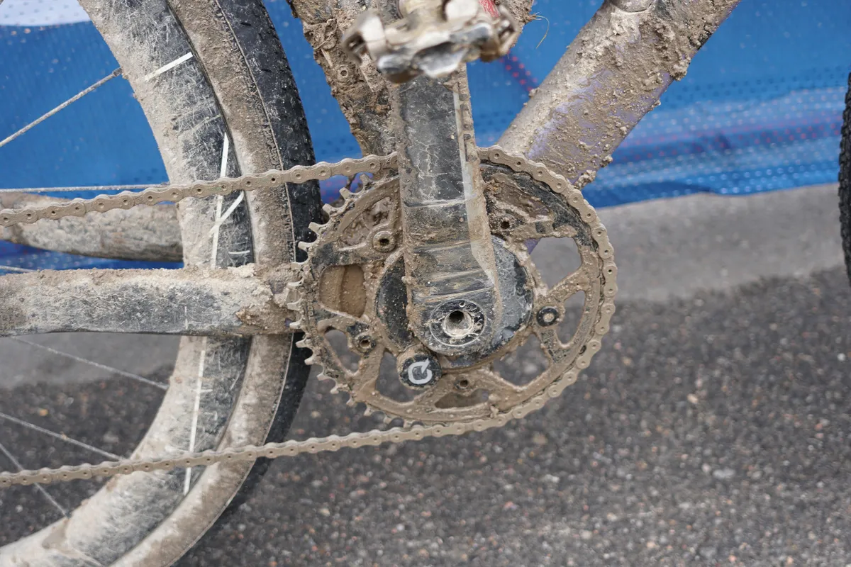 Chain retention was a challenge for many riders in the muddy sections of the course.
