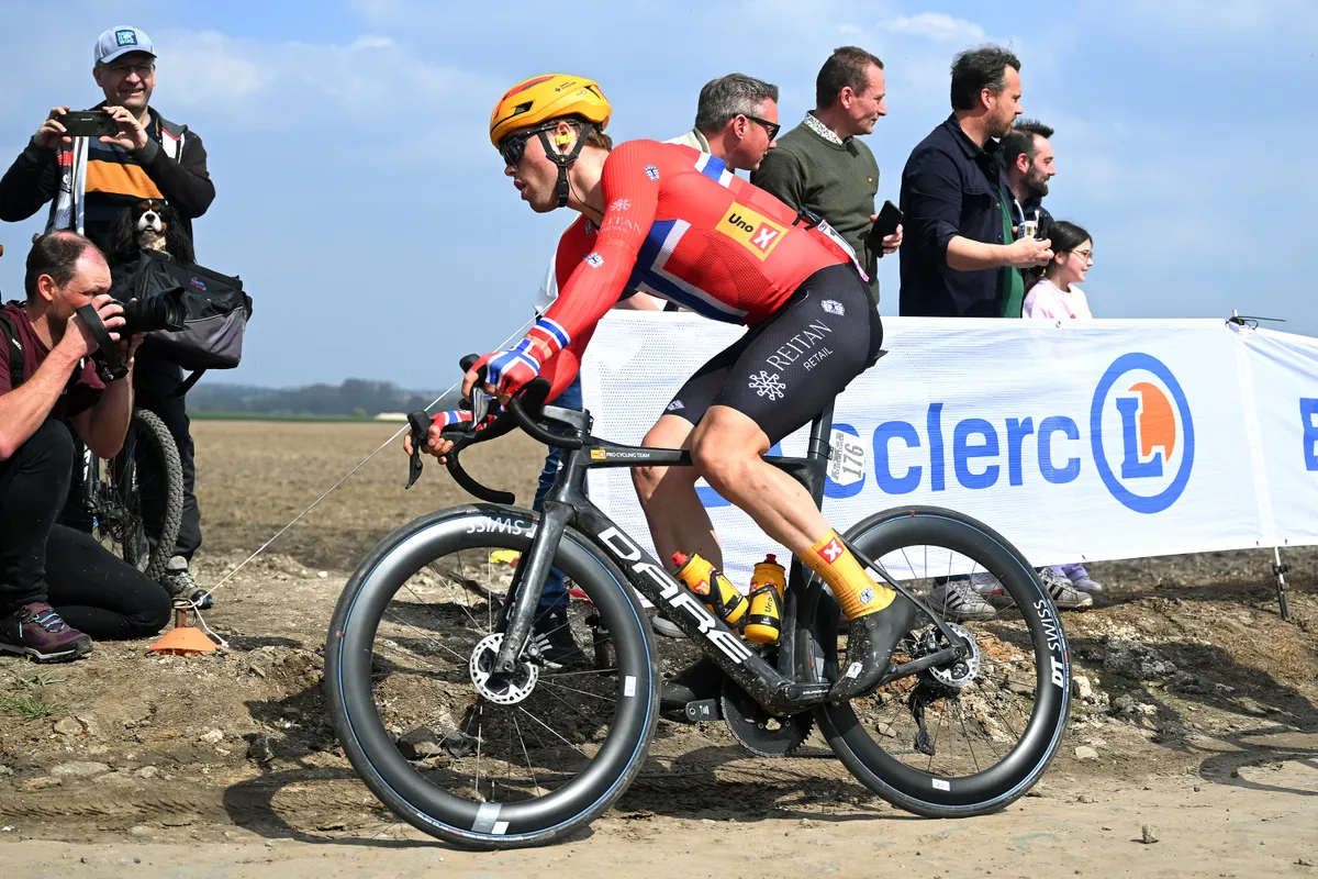 Rasmus Tiller of Uno-X riding Dare bike with 1x drivetrain at 2023 Paris-Roubaix