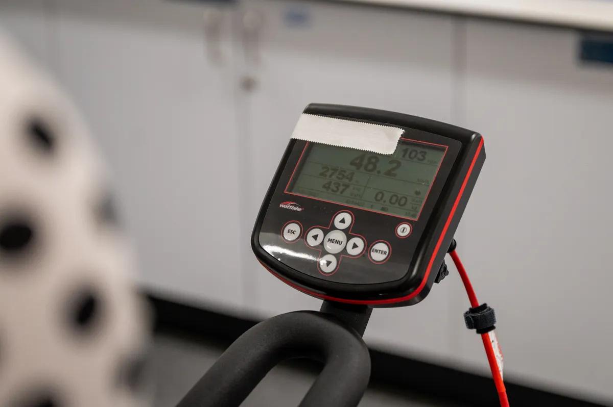 Close-up of Wattbike data screen during 4km time trial