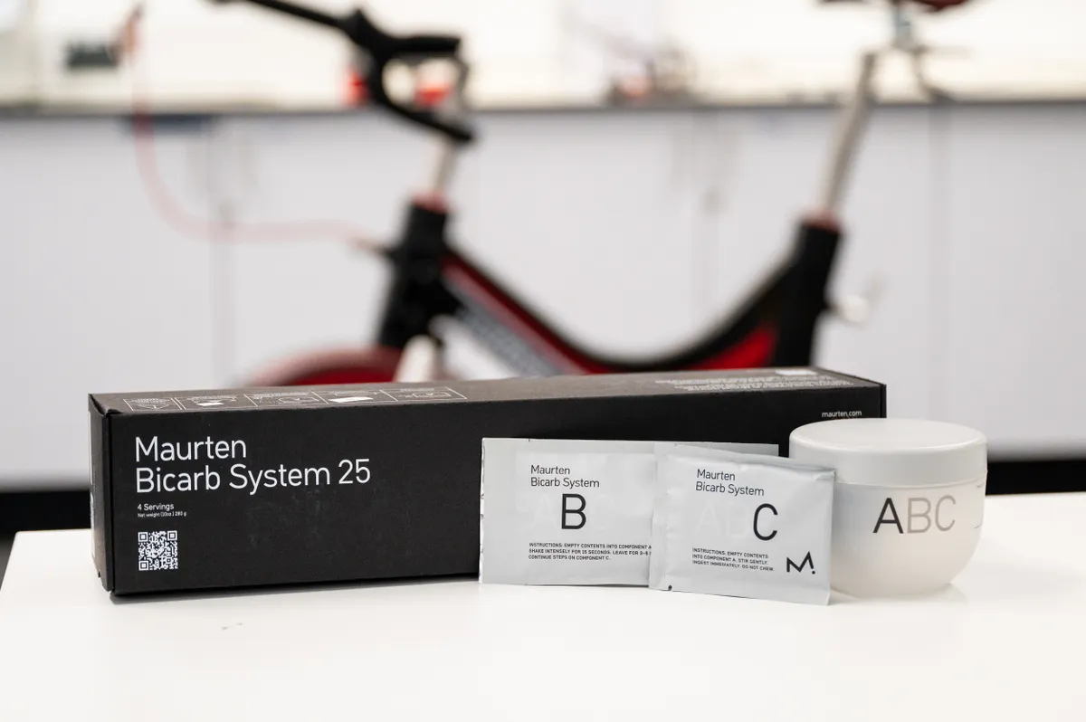 Package of Maurten Bicarb System with Wattbike in background