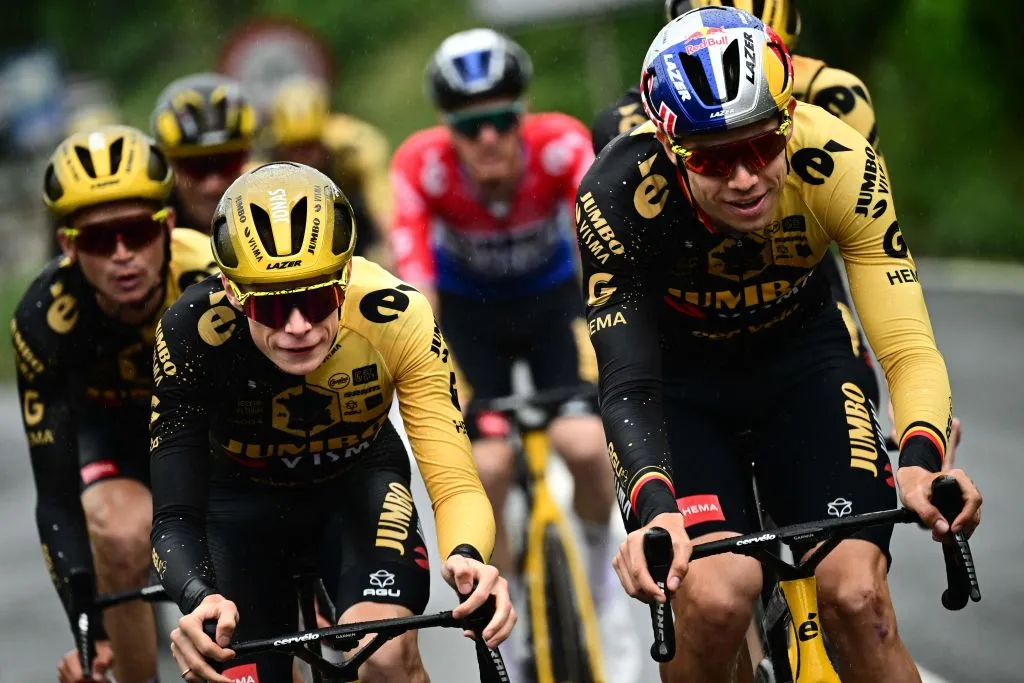 Jumbo-Visma's Belgian rider Wout Van Aert (R) and Jumbo-Visma's Danish rider Jonas Vingegaard (L) cycle ahead of their teammates during a training session, on June 29, 2023, two days prior to the start of the 110th edition of the Tour de France cycling race, in Bilbao, in northern Spain. (Photo by Marco BERTORELLO / AFP) (Photo by MARCO BERTORELLO/AFP via Getty Images)