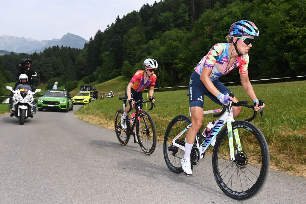 EBNAT-KAPPEL, SWITZERLAND - JUNE 20: (L-R) Niamh Fisher-Black of New Zealand and Team SD Worx and Katarzyna Niewiadoma of Poland and Team Canyon//SRAM Racing compete during the 3rd Tour de Suisse Women 2023, Stage 4 a 100.8km stage from Ebnat-Kappel to Ebnat-Kappel / #UCIWWT / on June 20, 2023 in Ebnat-Kappel, Switzerland. (Photo by Tim de Waele/Getty Images)
