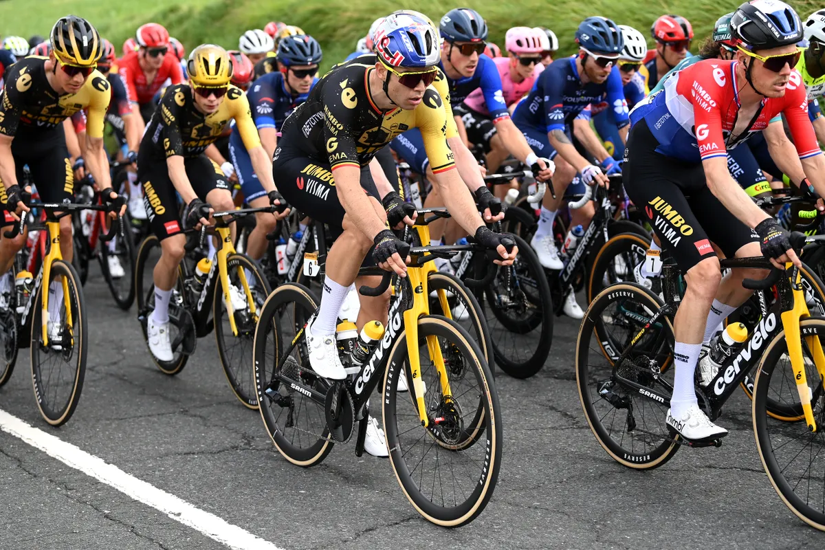 Wout Van Aert and Dylan Van Baarle of Team Jumbo-Visma compete during the stage one of the 110th Tour de France 2023.