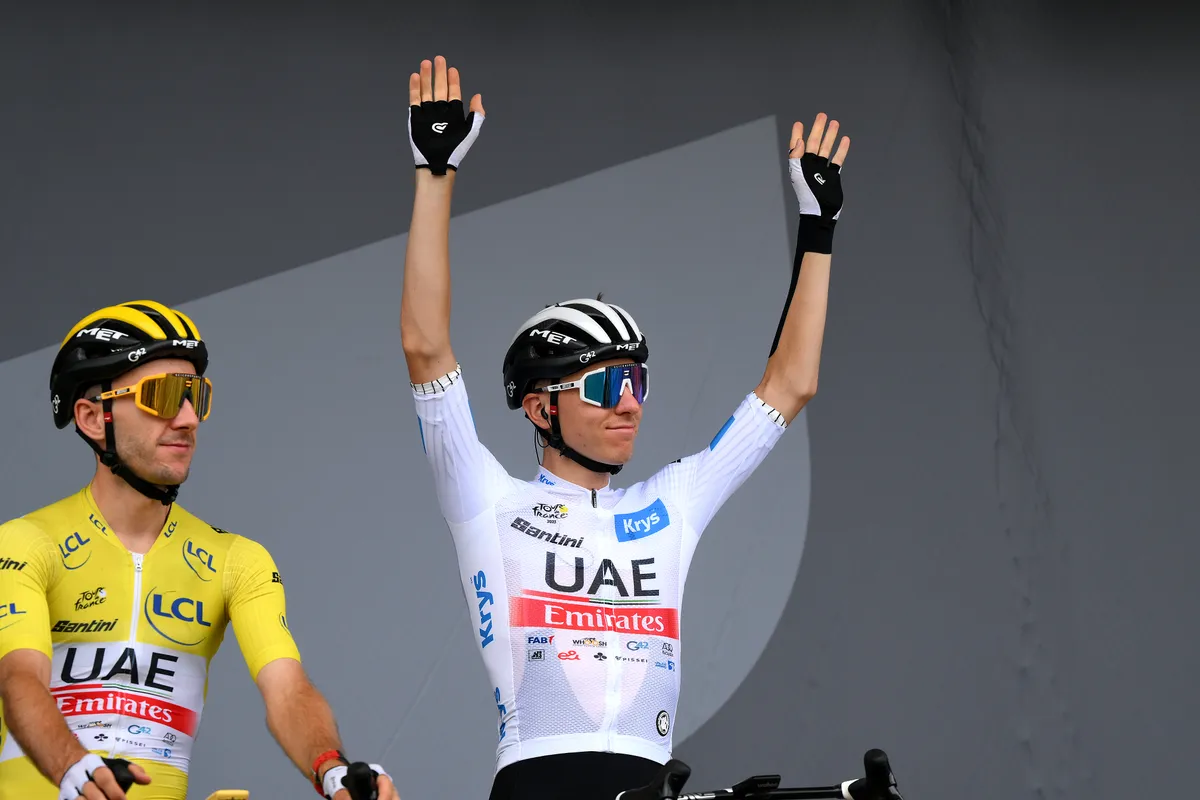 AMOREBIETA-ETXANO, SPAIN - JULY 03: (L-R) Adam Yates of United Kingdom - Yellow Leader Jersey and Tadej Pogacar of Slovenia and UAE Team Emirates - White best young jersey prior to the stage three of the 110th Tour de France 2023 a 193.5km stage from Amorebieta-Etxano to Bayonne / #UCIWT / on July 03, 2023 in Amorebieta-Etxano, Spain. (Photo by David Ramos/Getty Images)