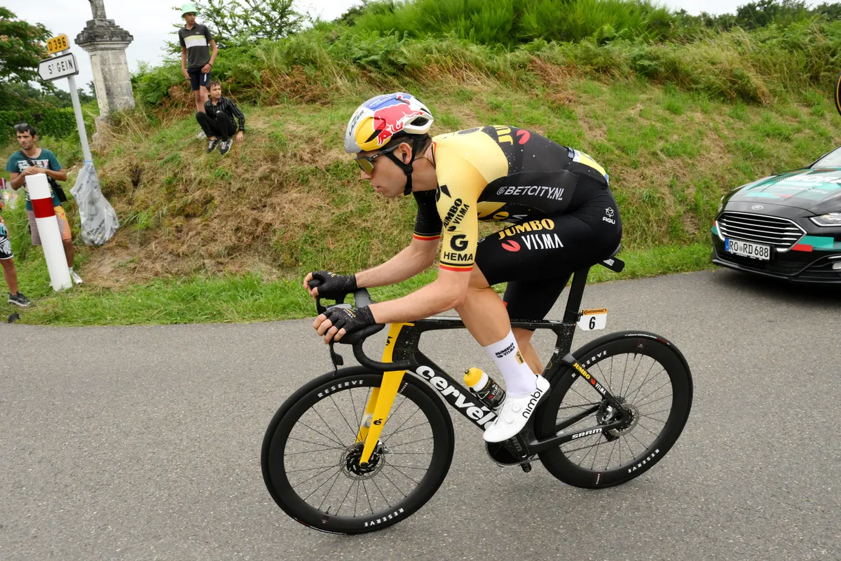 NOGARO, FRANCE - JULY 04: Wout Van Aert of Belgium and Team Jumbo-Visma competes during the stage four of the 110th Tour de France 2023 a 181.8km stage from Dax to Nogaro / #UCIWT / on July 04, 2023 in Nogaro, France. (Photo by David Ramos/Getty Images)