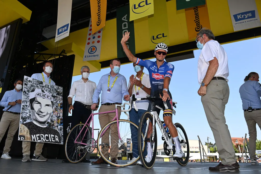 Mathieu van der Poel on Raymond Poulidor bike for stage nine of the 2023 Tour de France