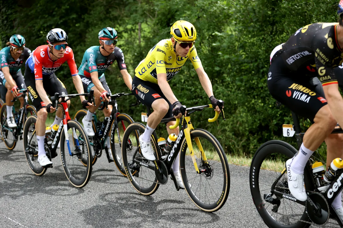 Jonas Vingegaard of Denmark and Team Jumbo-Visma - Yellow Leader Jersey competes during the stage eleven of the 110th Tour de France 2023