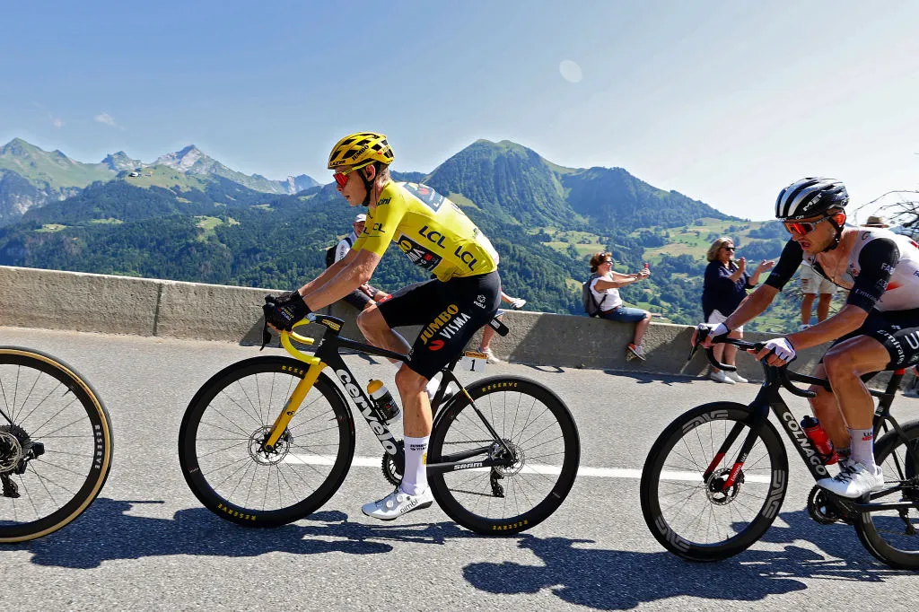 SAINT-GERVAIS MONT-BLANC, FRANCE - JULY 16: Jonas Vingegaard from Denmark and Team Jumbo Visma, Vegard Stake Laengen from Norway and UAE Team Emirates ride during stage fifteen of the 110th Tour de France 2023 a 179km stage from Les Gets les Portes du Soleil to Saint-Gervais Mont-Blanc on July 16, 2023 in Saint-Gervais Mont-Blanc, France. (Photo by Joan Cros Garcia - Corbis/Getty Images)