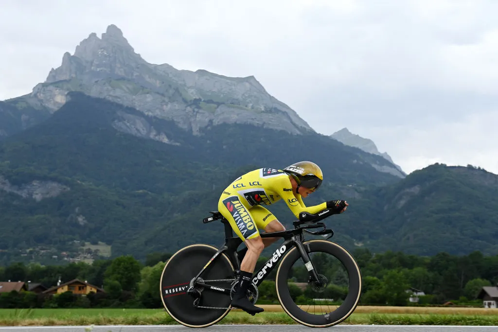 COMBLOUX, FRANCE - JULY 18: Jonas Vingegaard of Denmark and Team Jumbo-Visma - Yellow Leader Jersey sprints during the stage sixteen of the 110th Tour de France 2023 a 22.4km individual climbing time trial stage from Passy to Combloux 974m / #UCIWT / on July 18, 2023 in Combloux, France. (Photo by Tim de Waele/Getty Images)