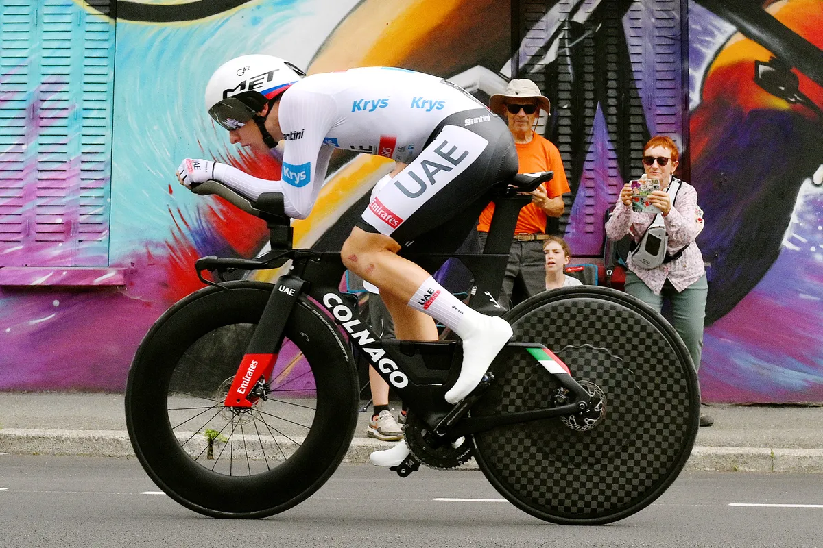 Tadej Pogačar racing the stage 16 time trial at the 2023 Tour de France