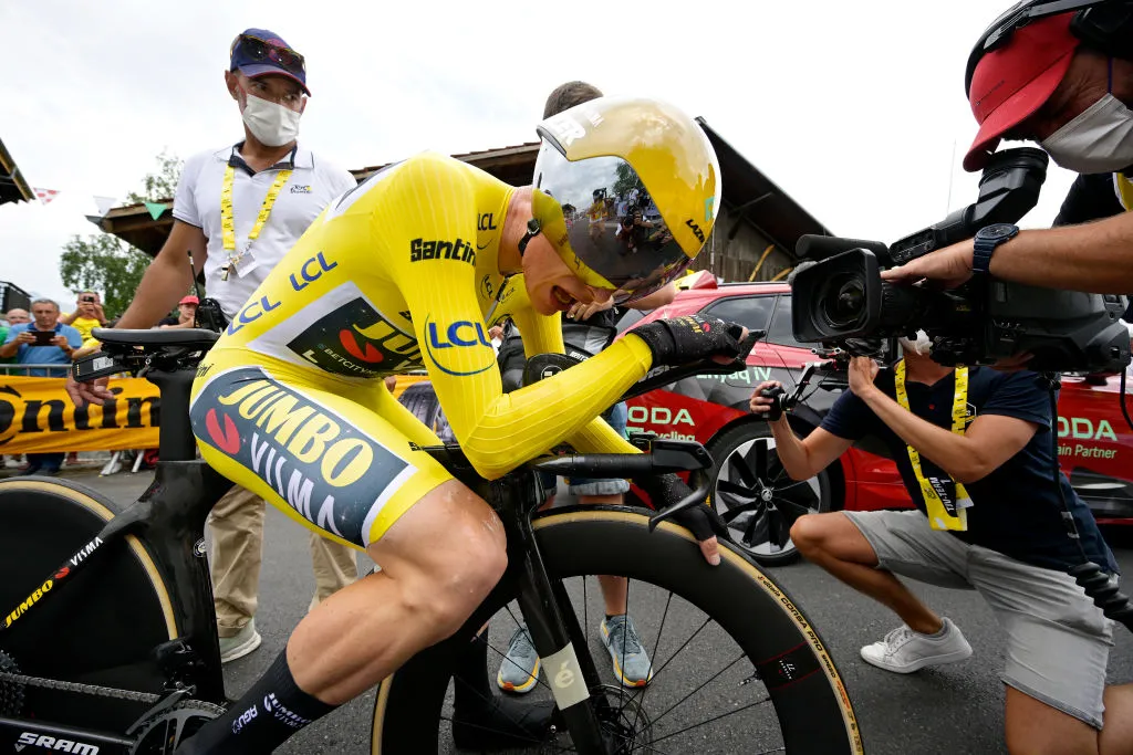 COMBLOUX, FRANCE - JULY 18: Stage winner Jonas Vingegaard of Denmark and Team Jumbo-Visma - Yellow Leader Jersey reacts after the stage sixteen of the 110th Tour de France 2023 a 22.4km individual climbing time trial stage from Passy to Combloux 974m / #UCIWT / on July 18, 2023 in Combloux, France. (Photo by Bernard Papon - Pool/Getty Images)