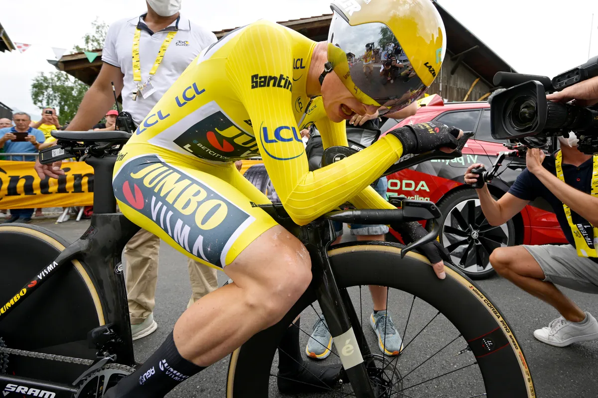 Jonas Vingegaard at the finish of the stage 16 time trial at the 2023 Tour de France