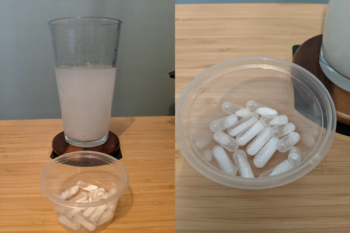 Glass of carbohydrate solution and sodium bicarbonate capsules placebo