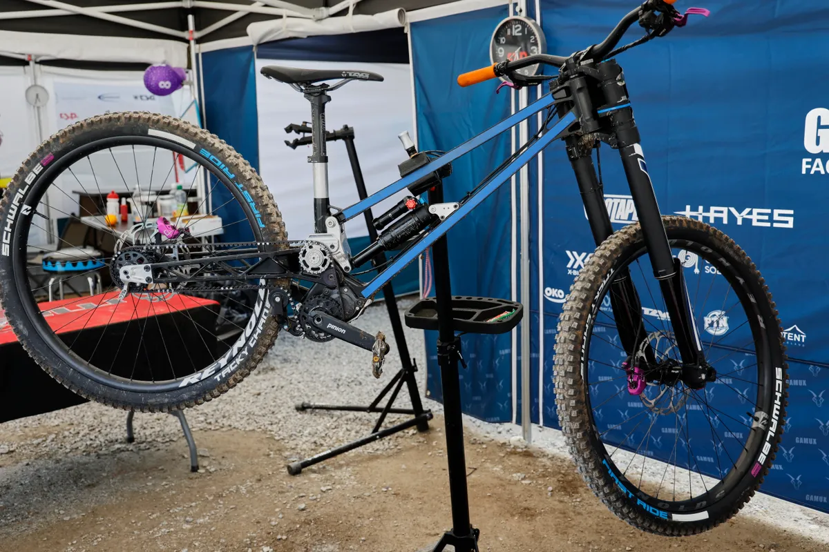 Gamux Sego prototype DH Bike . with belt drive . Fort William Scotland . downhill mountain bike world championships . August 2023
