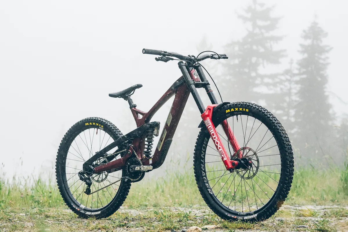 The 2024 RockShox BoXXer Ultimate on the front of a GT Fury on Whislter mountain in the rain.