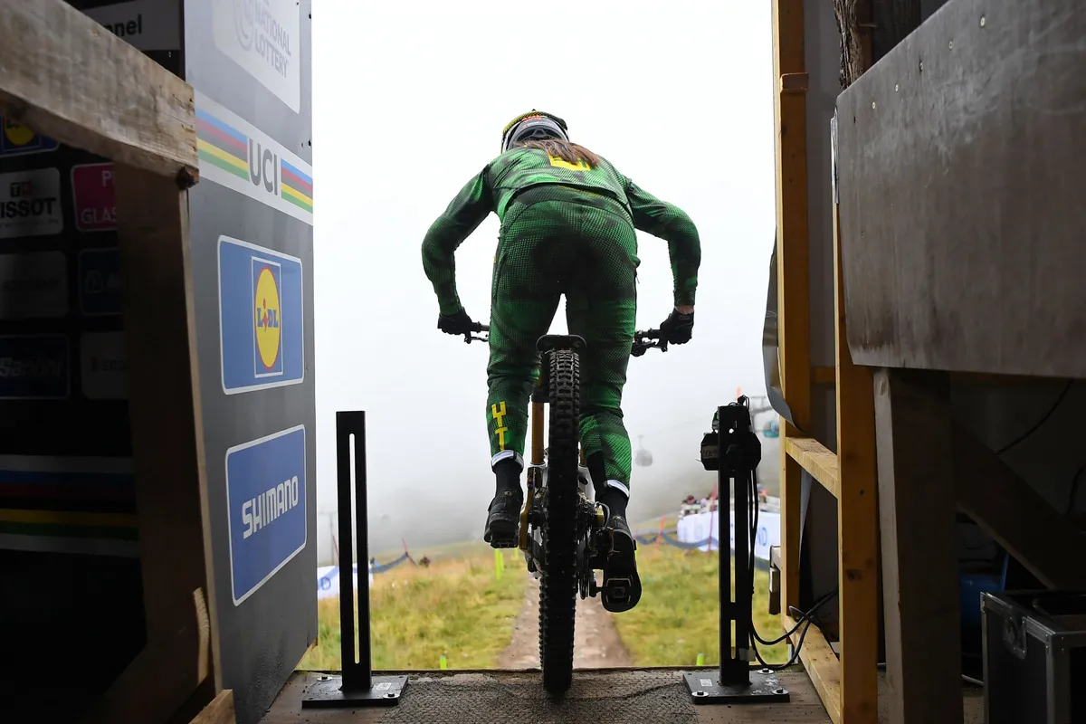 Sian A'hern leaving Fort William start hut at UCI Cycling World Championships