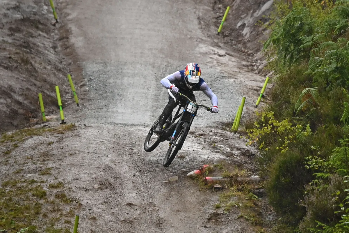 France's Loic Bruni competes in the men's elite mountain bike downhill final at the Nevis Range Mountain Resort, near Fort William in the Scottish Highlands, during the UCI Cycling World Championships in Scotland on August 5, 2023. (Photo by ANDY BUCHANAN / AFP) (Photo by ANDY BUCHANAN/AFP via Getty Images)
