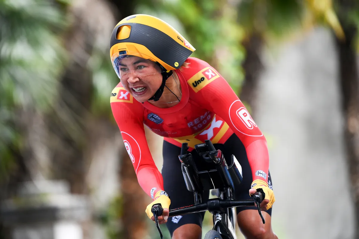 Anouska Koster of The Netherlands and Team Uno-X Pro Cycling Team sprints during the 2nd Tour de France Femmes 2023, Stage 8 a 22.6km individual time trial stage from Pau to Pau