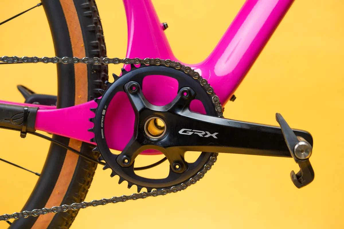Shimano GRX RX820 1x crankset on a pink gravel bike