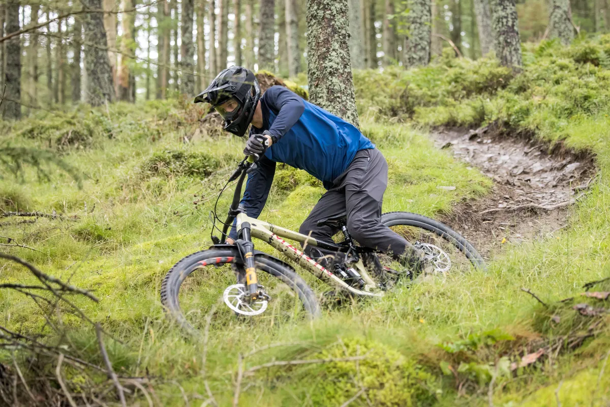 DT Swiss FR 1500 Classic mountain bike wheels fitted to a Marin Alpine Trail XR enduro mountain bike ridden by male mountain bike tester Alex Evans on a trail called Angry Sheep in Scotland's Tweed Valley.