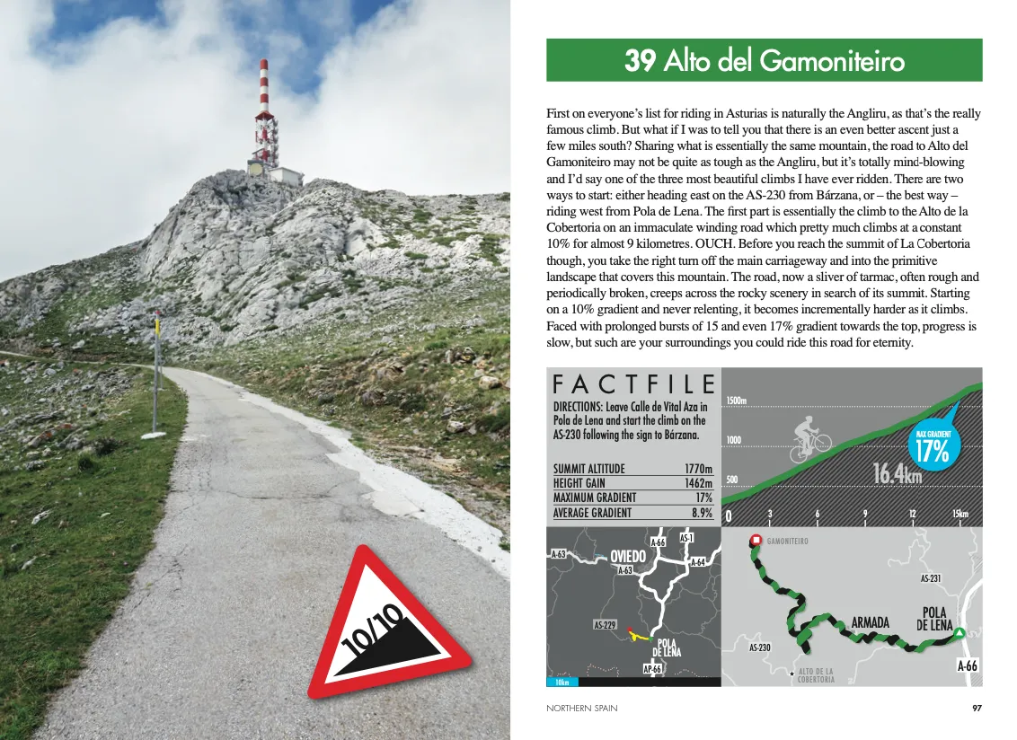 Screengrab showing Alto del Gamoniteiro climb in Simon Warren's book, 100 Greatest Cycling Climbs in Spain