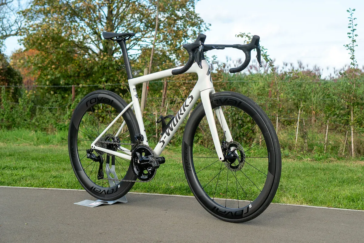 Angle pack shot of the Specialized S-Works Tarmac SL8 Dura-Ace Di2 road bike