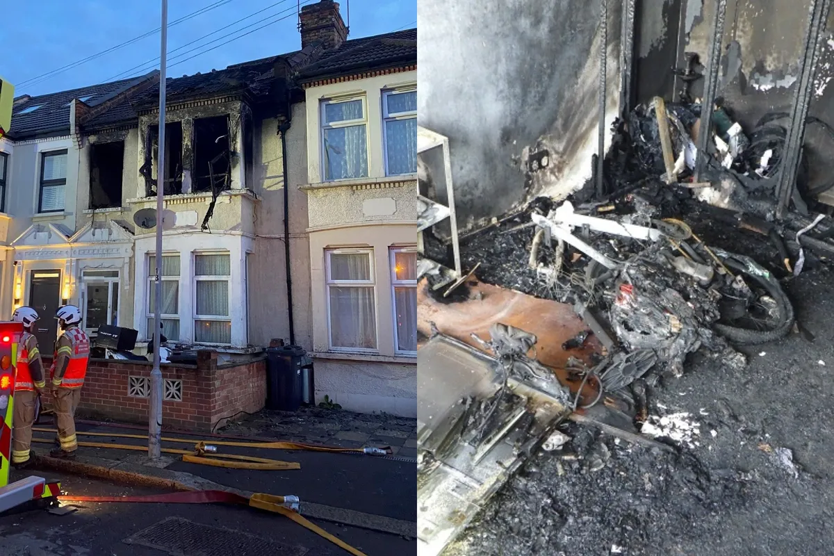 The aftermath of an ebike fire in Ilford (left) and one in Shepherd's Bush (right).