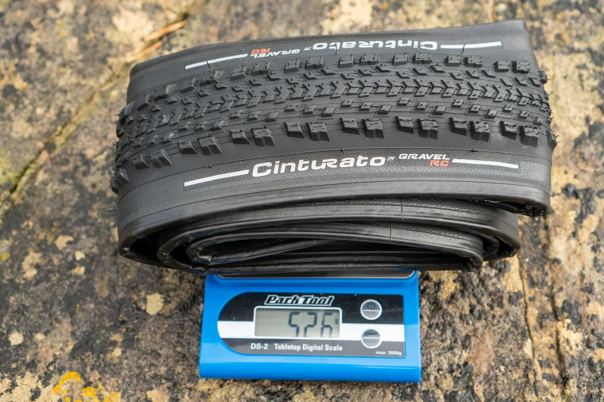Pirelli Cinturato Gravel RC tyre on a set of Park Tool scales