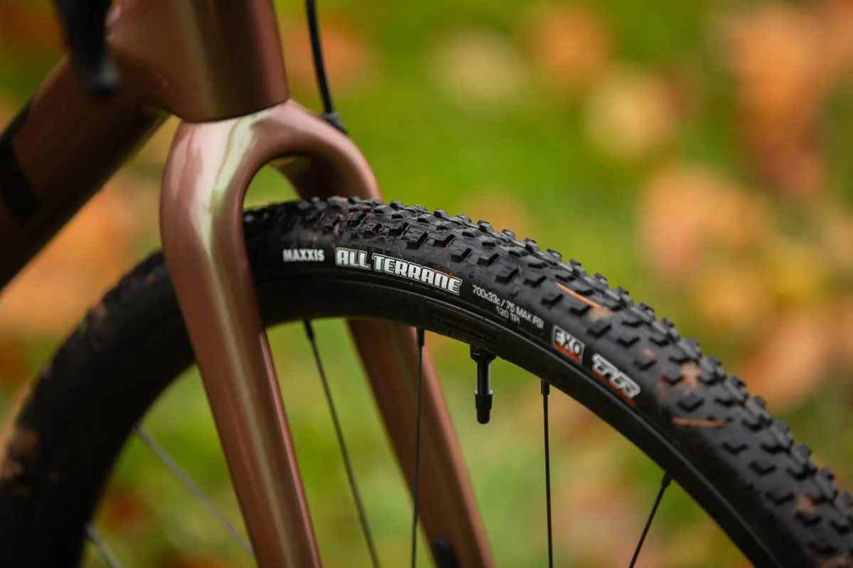 Fork and Maxxis All Terrane tyres on Giant TCX Advanced Pro 2 cyclocross bike