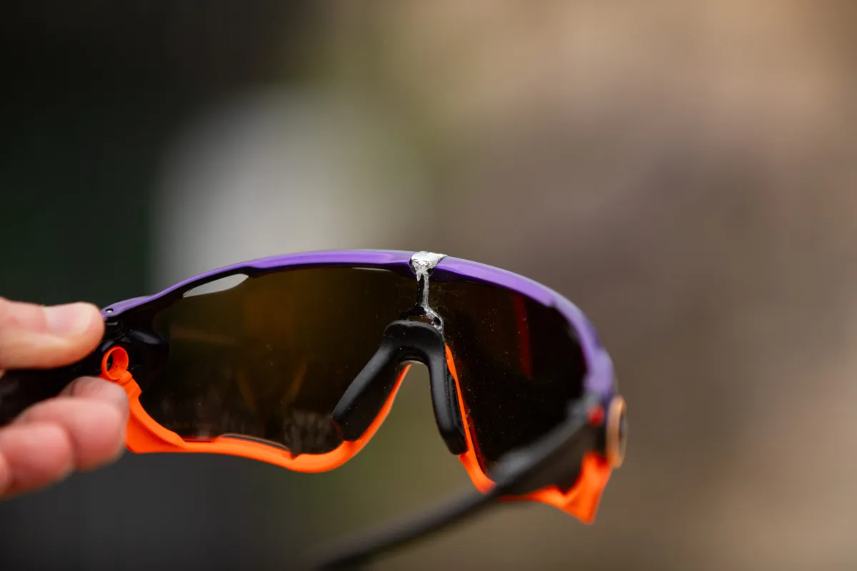 A picture showing Ashley Quinlan's Oakley Jawbreaker sunglasses wear and tear