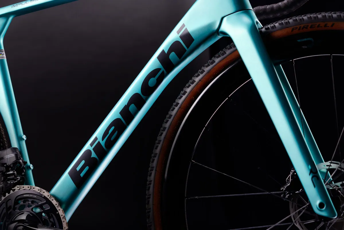 Close-up of down tube and fork on Bianchi gravel bike.