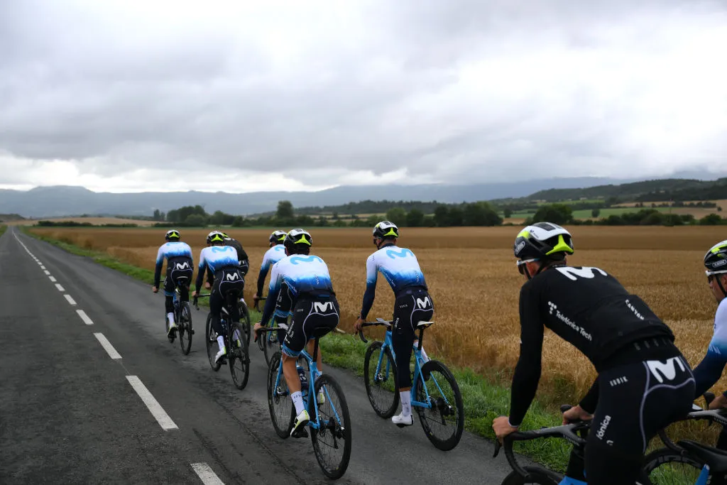 BILBAO, SPAIN - JUNE 30: Movistar riders during the Movistar Team training ahead of the 110th Tour de France 2023 on June 30, 2023 in Bilbao, Spain. (Photo by David Ramos/Getty Images)