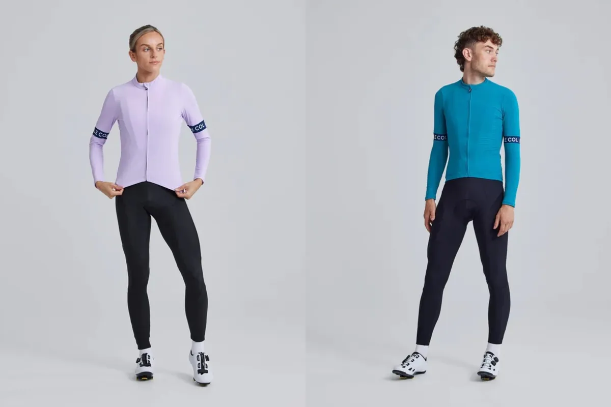 Man and woman modelling Le Col cycling clothes.