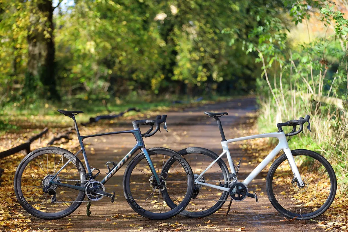 Giant Defy (left) and Specialized Roubaix (right) photographed on lane.