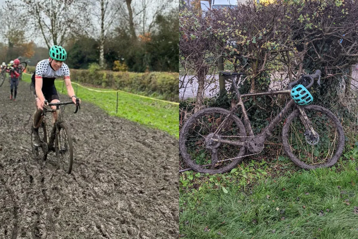 collage of Jack Evans riding cyclocross and filthy bike post-race