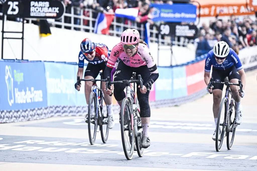 Canadian Alison Jackson of EF Education-TIBCO-SVB wins the third edition of the women elite race of the 'Paris-Roubaix' cycling event, 145,4 km from Denain to Roubaix, France on Saturday 08 April 2023. BELGA PHOTO JASPER JACOBS (Photo by JASPER JACOBS / BELGA MAG / Belga via AFP) (Photo by JASPER JACOBS/BELGA MAG/AFP via Getty Images)