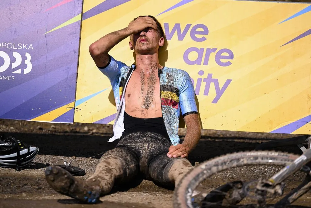 Mountain Biker Arne Janssens looks exhausted after the men cross-country event in the Cycling Mountain Bike competition at the European Games in Krakow, Poland on Sunday 25 June 2023. The 3rd European Games, informally known as Krakow-Malopolska 2023, is a scheduled international sporting event that will be held from 21 June to 02 July 2023 in Krakow and Malopolska, Poland.